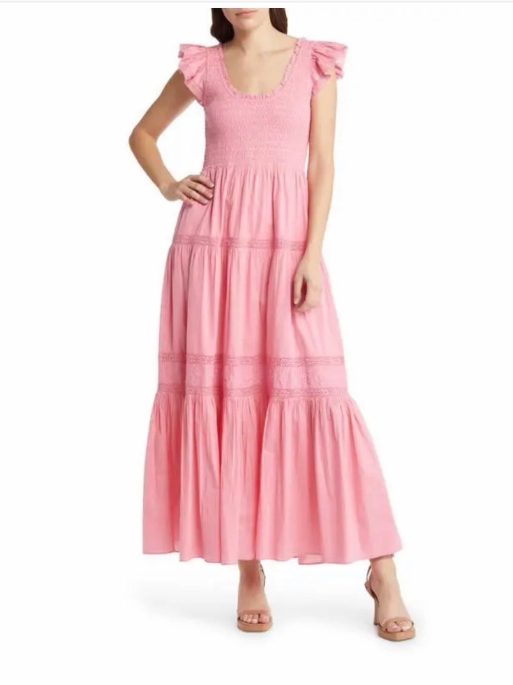 LoveShackFancy Pink Tiered Ruffle-Sleeve Maxi Dress